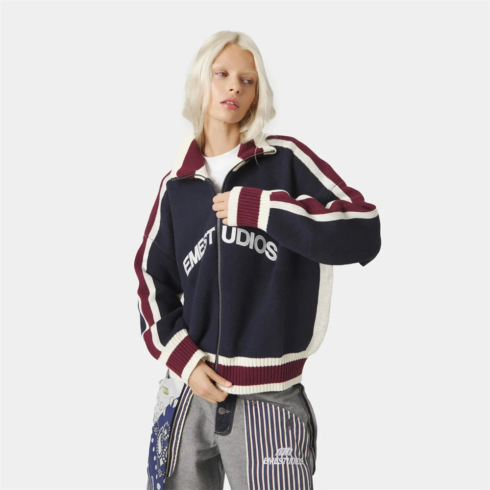 Retro Harajuku Men Spliced Zip up Knit Sweater Cardigan Fashionable Casual Sweater American Y2k Letter Embroidery Clothe Women