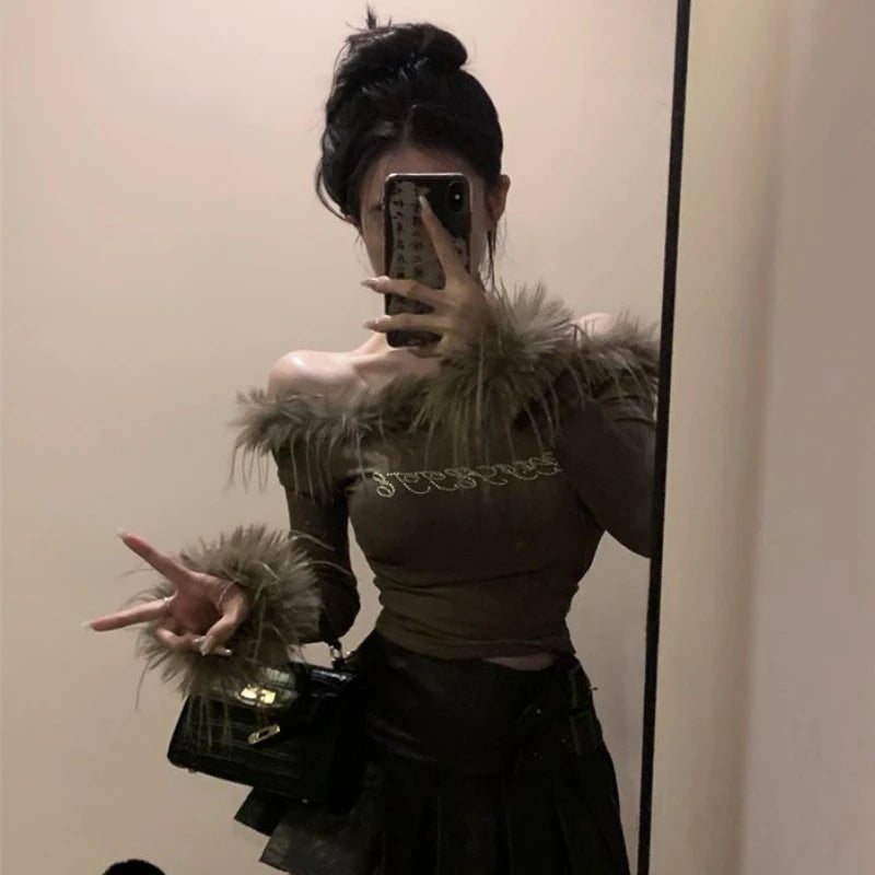 American Flurry Slash Neck T-shirts for Women Sexy Slim Crop Tops Hotsweet Vintage Long Sleeve Tees Chic Female Autumn Clothes