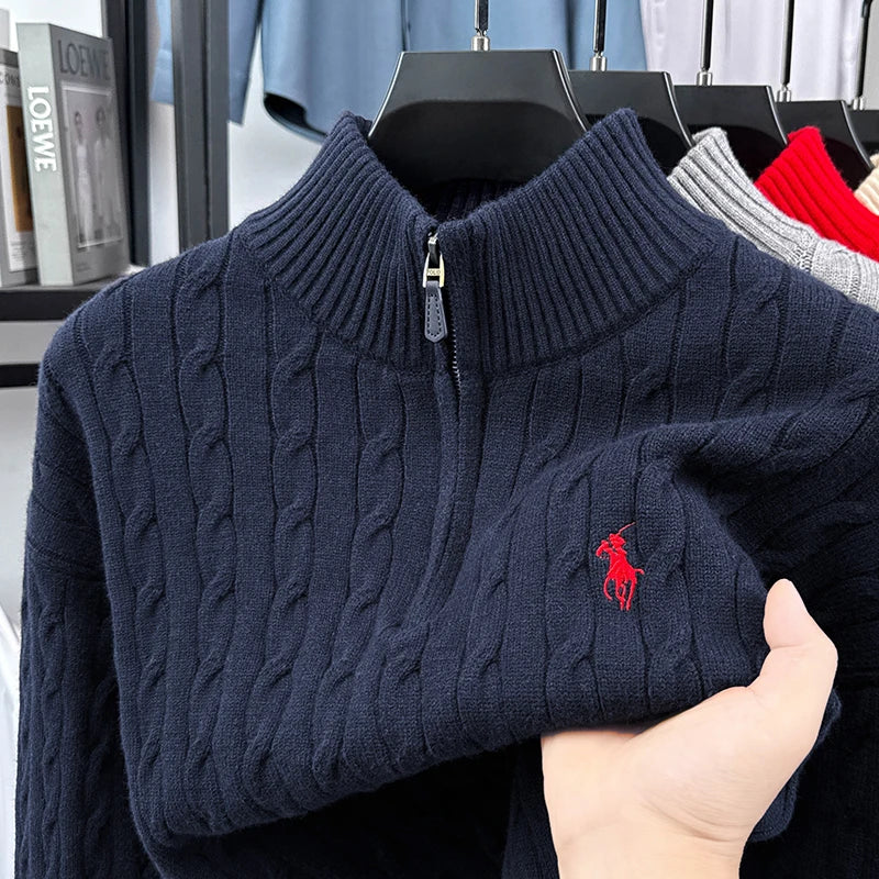 Heshi Brand Fashion American 2025 Vintage Stand Collar Zipper Embroidery Sweater Fried Dough Twists 3D Autumn Winter Knitwear