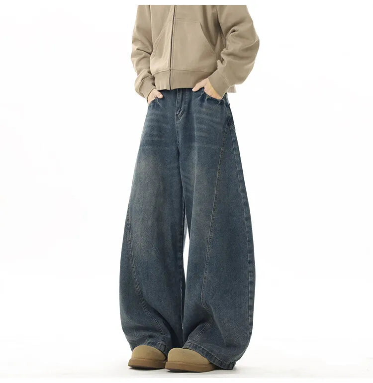 Wide Leg Jeans Men Denim Dark Blue Floor Sweeping Baggy Trousers Street Dance Hip Hop Unisex Urban Fashion Urban Streetwear