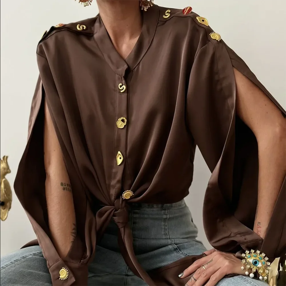 VGH Hot Girl Patchwork Buttons Blouses for Women Stand Collar Split Long Sleeve Spliced Lace Up Hem Vintage Short Top Female New