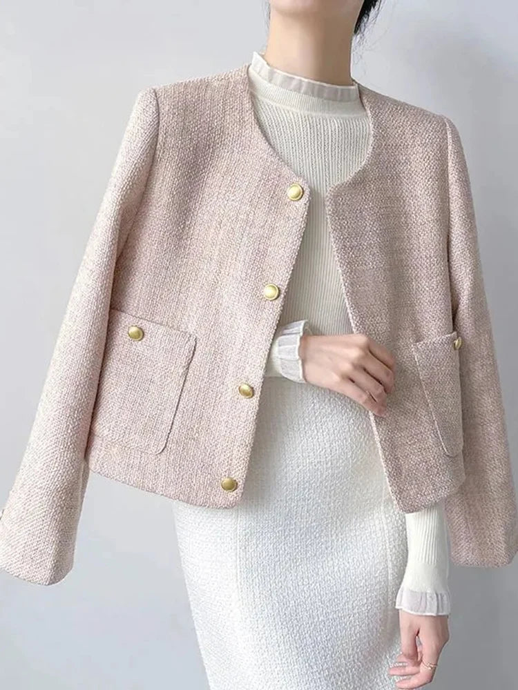 Jmprs Pink Slim Sweet Tweed Jacket Women Long Sleeve Vintage O Neck Korean Short Coat Female Pockets Fall Winter Elegant Tops
