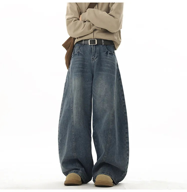 Wide Leg Jeans Men Denim Dark Blue Floor Sweeping Baggy Trousers Street Dance Hip Hop Unisex Urban Fashion Urban Streetwear