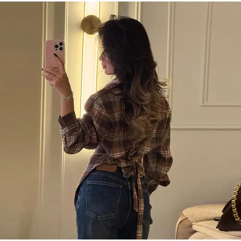 Women Belt Waisted Shirt Vintage Shoulder Pad Long Sleeves Button Up Turn-down Collar Loose Blouse Streetwear Chic Casual Shirts