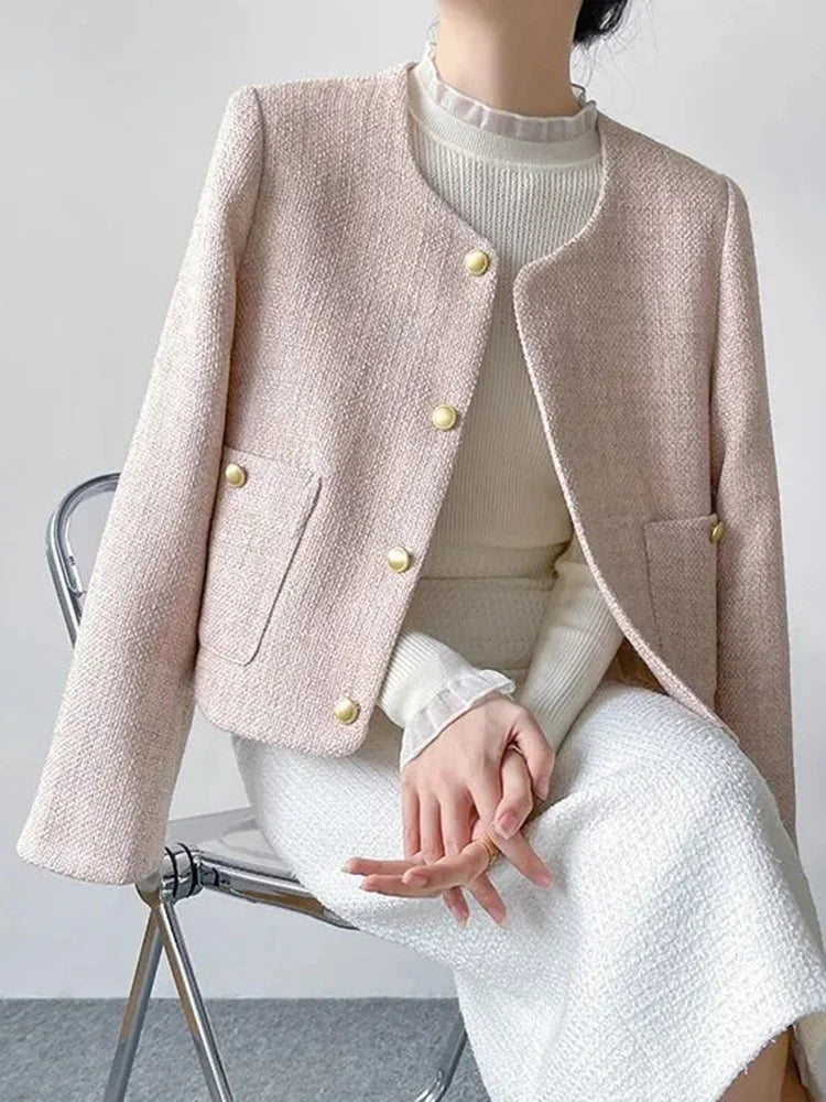 Jmprs Pink Slim Sweet Tweed Jacket Women Long Sleeve Vintage O Neck Korean Short Coat Female Pockets Fall Winter Elegant Tops