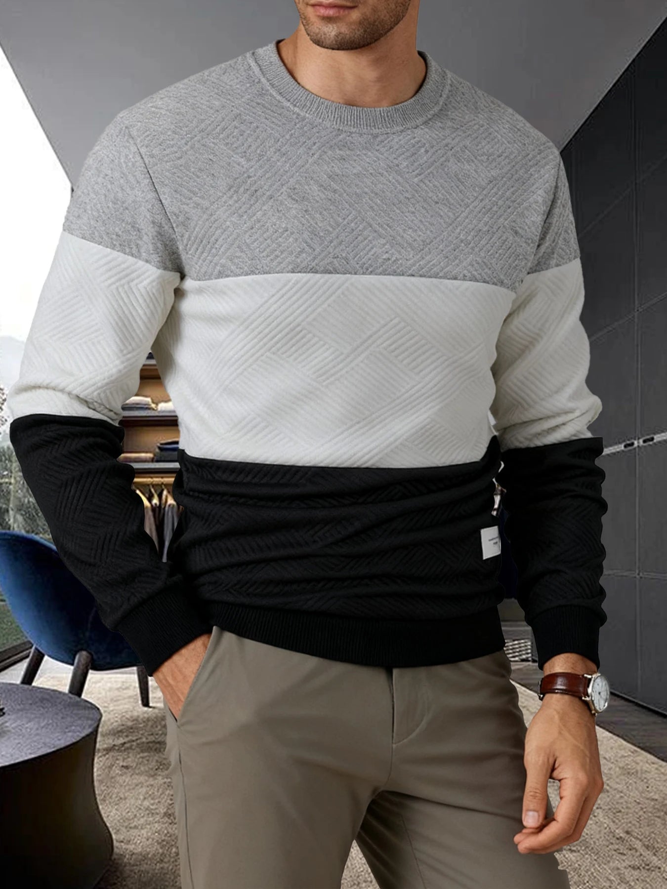 Autumn Winter Thicker Warm Sweatshirts Men's Casual Long-sleeved Pullover Color Blocking Jacquard Knitting Round Neck Sweater