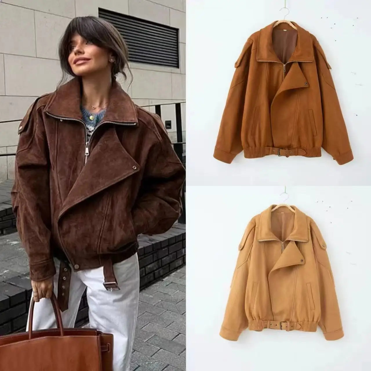 2025 New Autumn Women's Faux Suede Jacket Long Sleeve Lapel Zipper Coat Vintage Brown Outwears Lady Fashion Streetwear