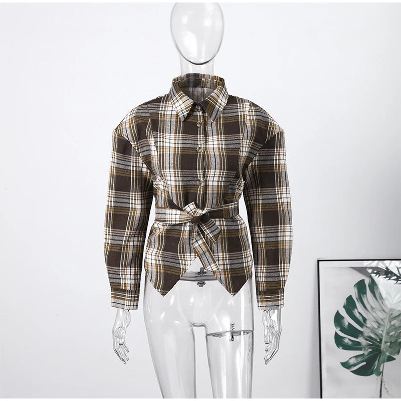 Women Belt Waisted Shirt Vintage Shoulder Pad Long Sleeves Button Up Turn-down Collar Loose Blouse Streetwear Chic Casual Shirts