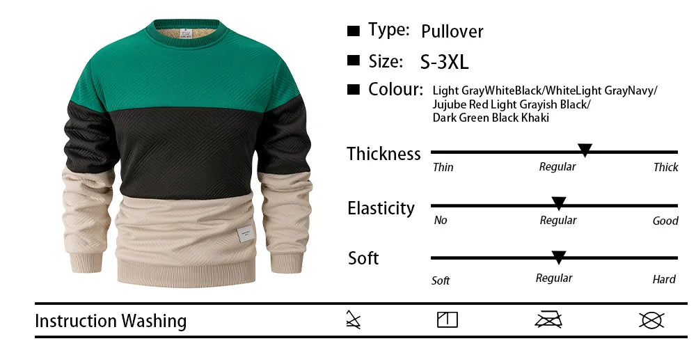 Autumn Winter Thicker Warm Sweatshirts Men's Casual Long-sleeved Pullover Color Blocking Jacquard Knitting Round Neck Sweater