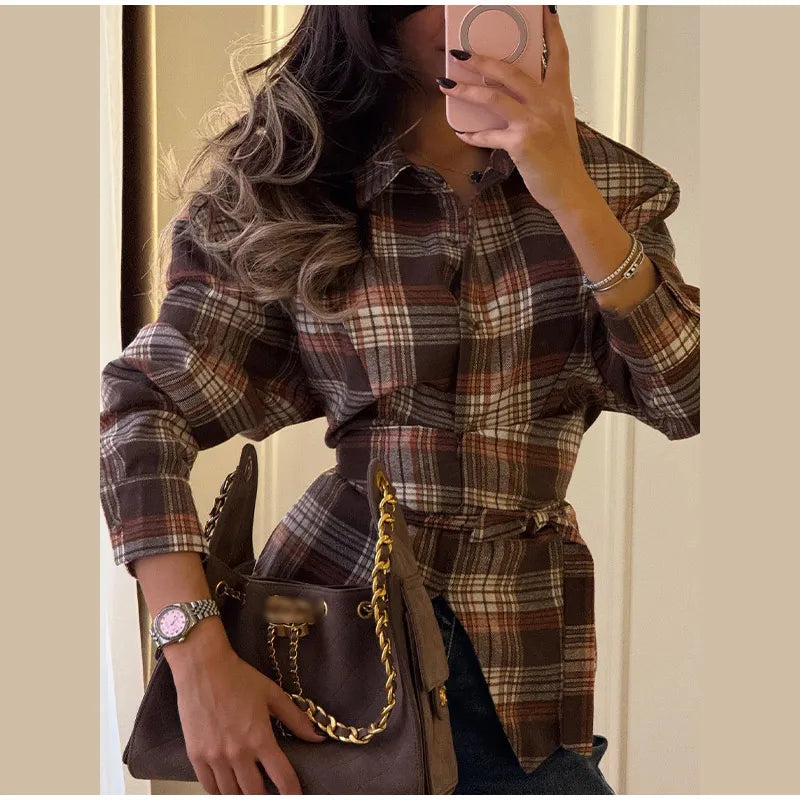 Women Belt Waisted Shirt Vintage Shoulder Pad Long Sleeves Button Up Turn-down Collar Loose Blouse Streetwear Chic Casual Shirts