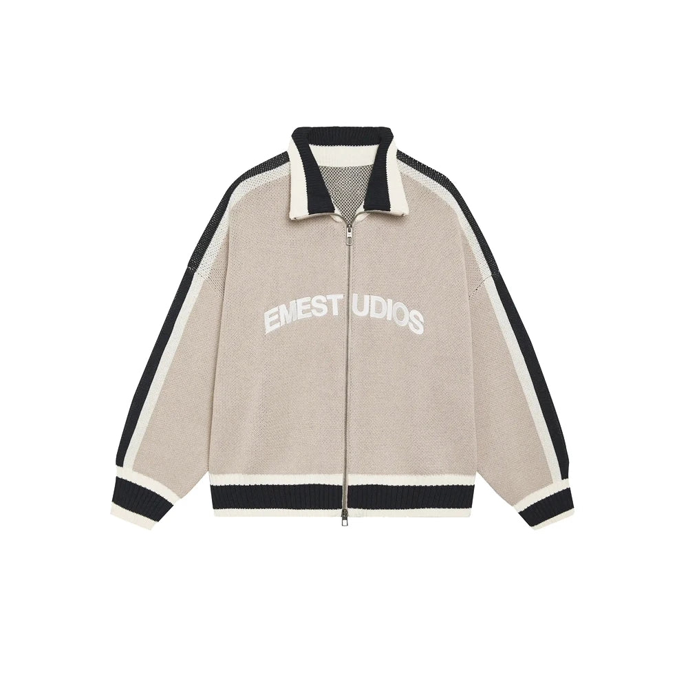 Retro Harajuku Men Spliced Zip up Knit Sweater Cardigan Fashionable Casual Sweater American Y2k Letter Embroidery Clothe Women