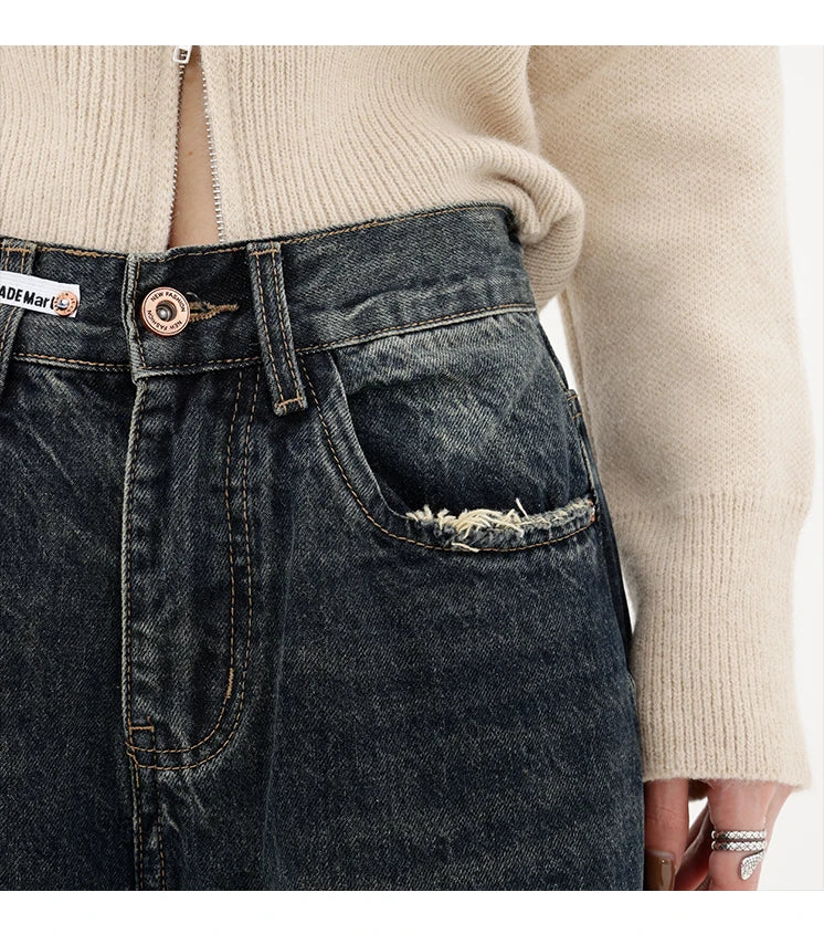 Harajuku Streetwear Retro Fashion Autumn Women High Waist Jeans Loose Wide Leg Straight Loose Denim Trousers Y2K Baggy Pants