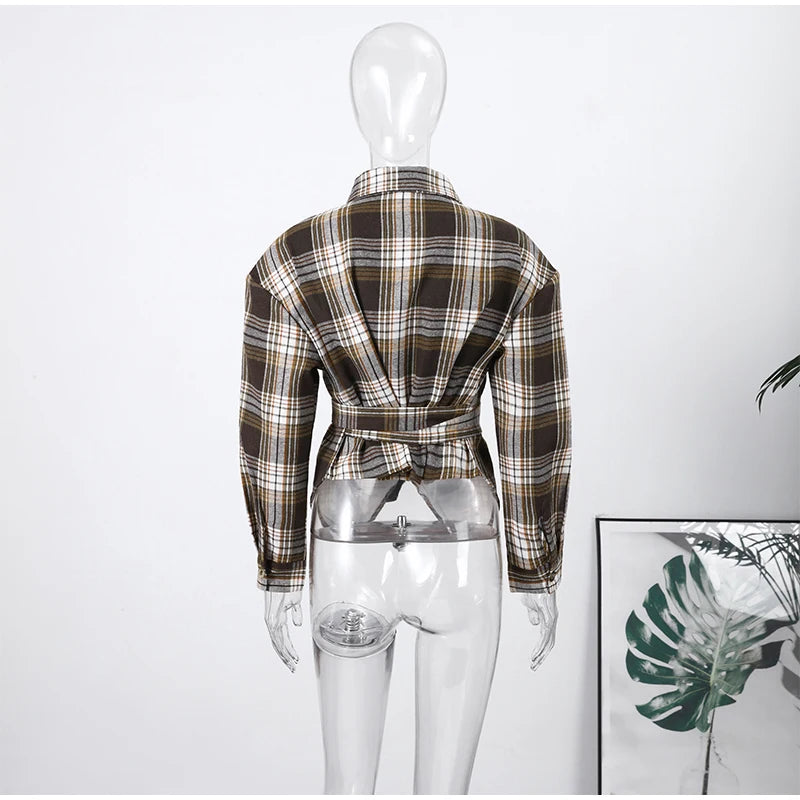 Women Belt Waisted Shirt Vintage Shoulder Pad Long Sleeves Button Up Turn-down Collar Loose Blouse Streetwear Chic Casual Shirts