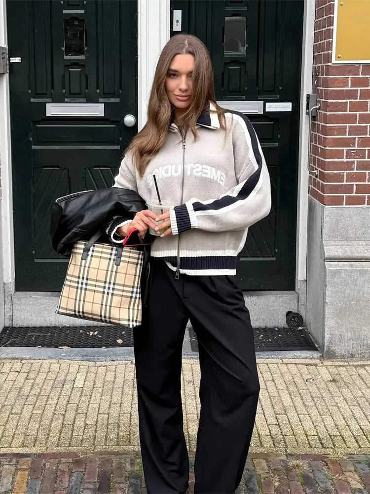 Retro Harajuku Men Spliced Zip up Knit Sweater Cardigan Fashionable Casual Sweater American Y2k Letter Embroidery Clothe Women