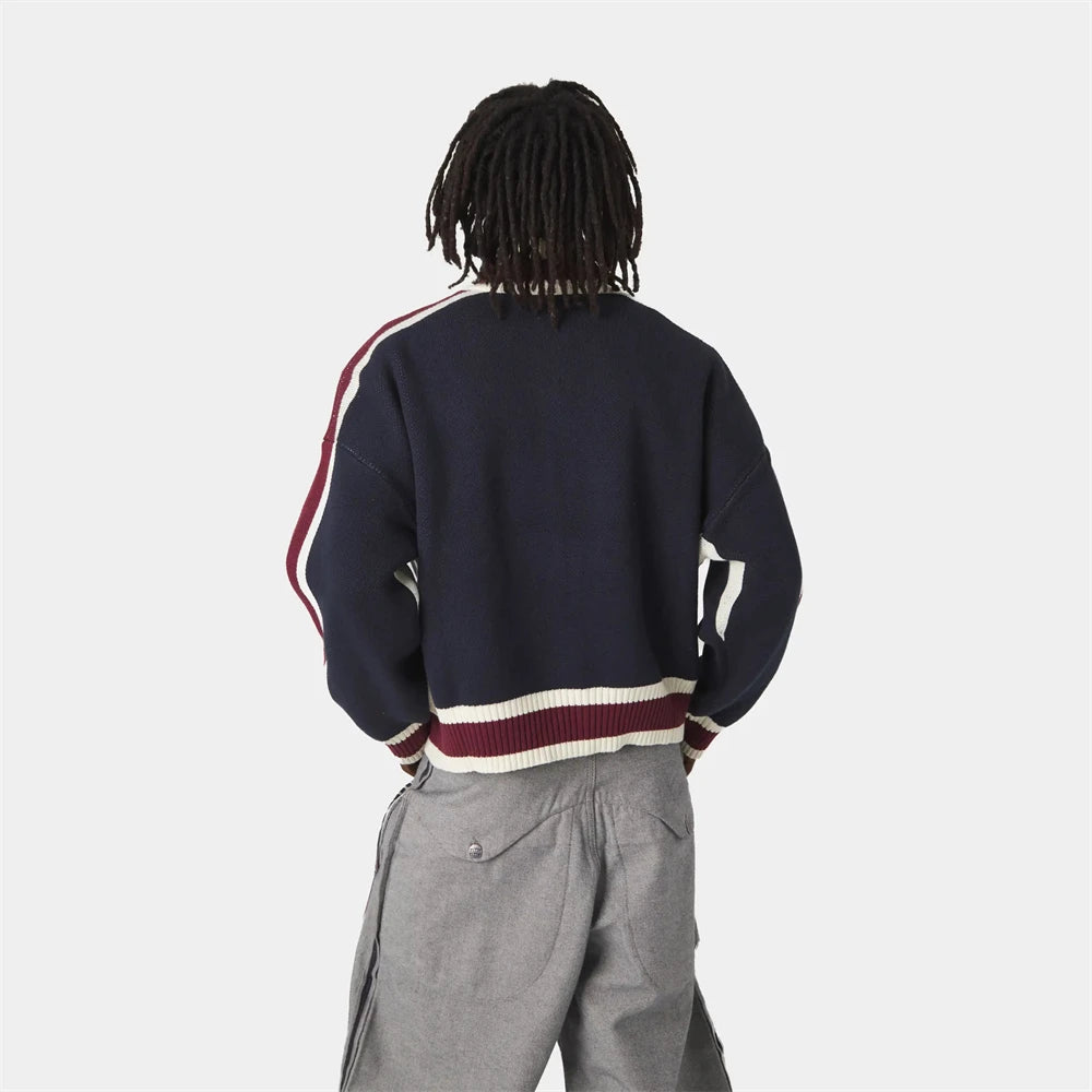 Retro Harajuku Men Spliced Zip up Knit Sweater Cardigan Fashionable Casual Sweater American Y2k Letter Embroidery Clothe Women