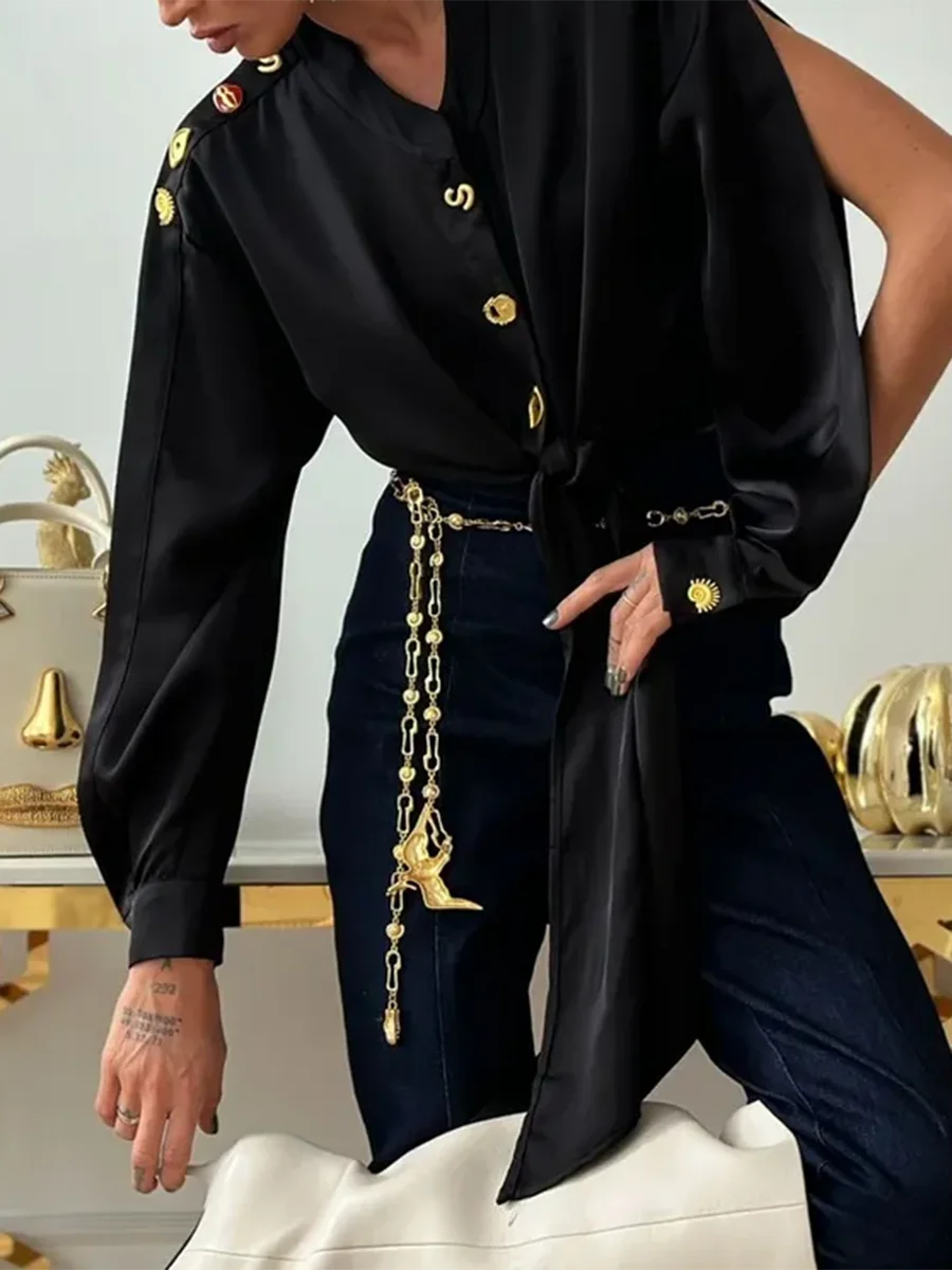 VGH Hot Girl Patchwork Buttons Blouses for Women Stand Collar Split Long Sleeve Spliced Lace Up Hem Vintage Short Top Female New