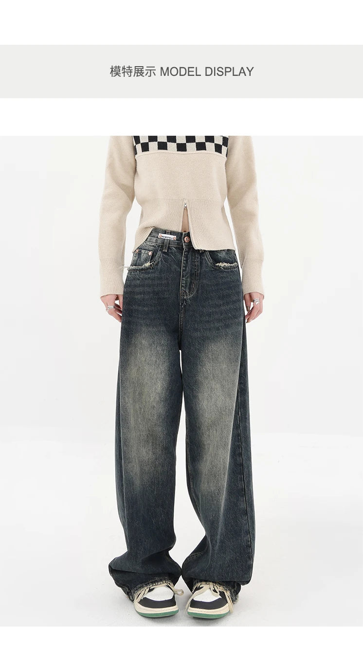 Harajuku Streetwear Retro Fashion Autumn Women High Waist Jeans Loose Wide Leg Straight Loose Denim Trousers Y2K Baggy Pants