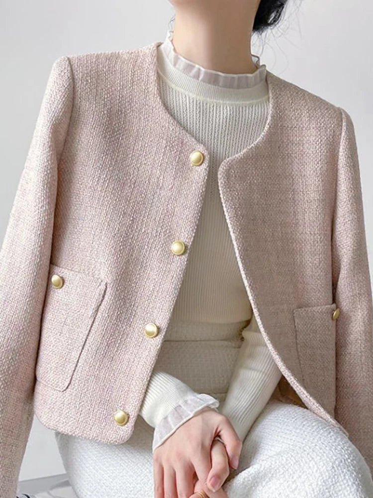 Jmprs Pink Slim Sweet Tweed Jacket Women Long Sleeve Vintage O Neck Korean Short Coat Female Pockets Fall Winter Elegant Tops
