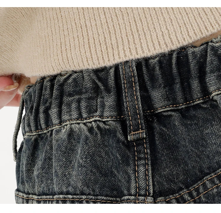 Harajuku Streetwear Retro Fashion Autumn Women High Waist Jeans Loose Wide Leg Straight Loose Denim Trousers Y2K Baggy Pants