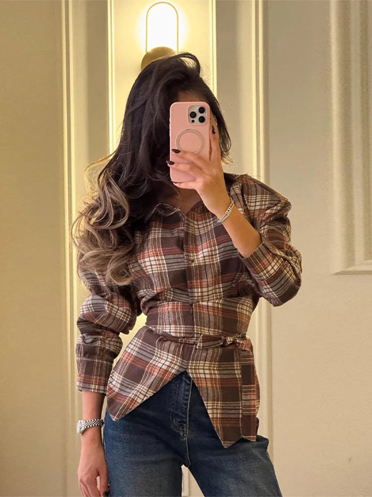 Women Belt Waisted Shirt Vintage Shoulder Pad Long Sleeves Button Up Turn-down Collar Loose Blouse Streetwear Chic Casual Shirts