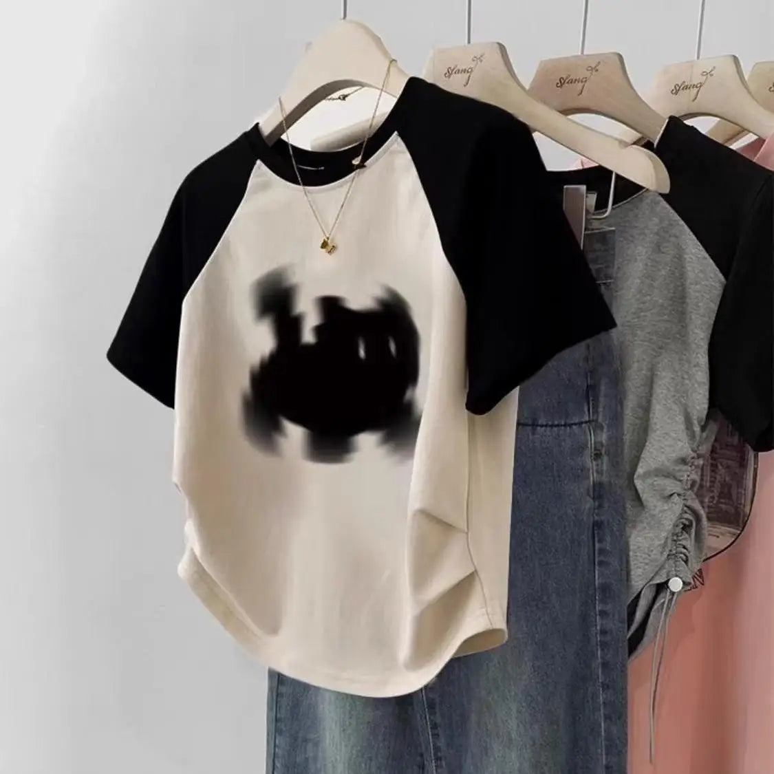 Women's Color Block Vintage T-Shirt - Retro American Streetwear Top