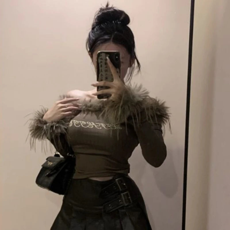 American Flurry Slash Neck T-shirts for Women Sexy Slim Crop Tops Hotsweet Vintage Long Sleeve Tees Chic Female Autumn Clothes