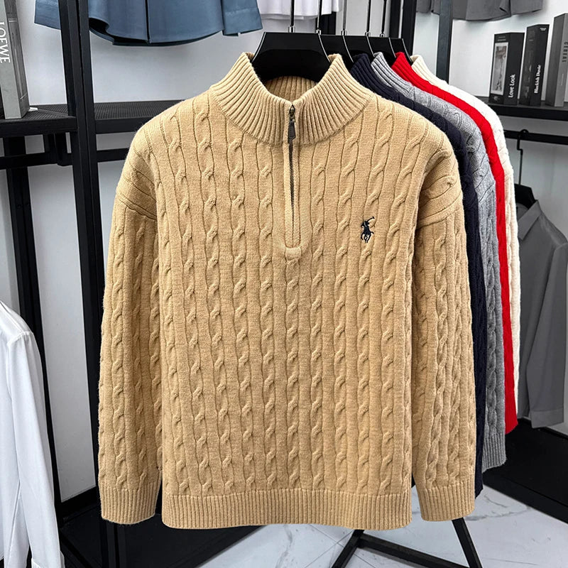 Heshi Brand Fashion American 2025 Vintage Stand Collar Zipper Embroidery Sweater Fried Dough Twists 3D Autumn Winter Knitwear