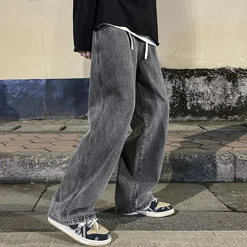 Men's Korean Style Wide Leg Baggy Jeans - Streetwear Denim