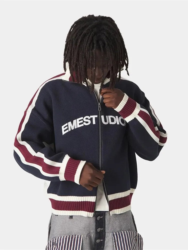 Retro Harajuku Men Spliced Zip up Knit Sweater Cardigan Fashionable Casual Sweater American Y2k Letter Embroidery Clothe Women