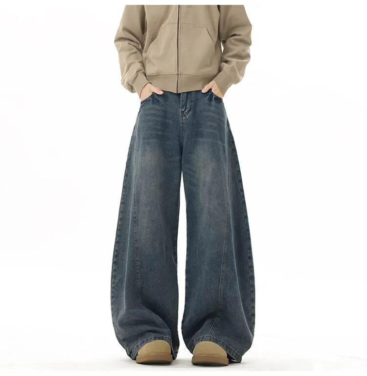 Wide Leg Jeans Men Denim Dark Blue Floor Sweeping Baggy Trousers Street Dance Hip Hop Unisex Urban Fashion Urban Streetwear