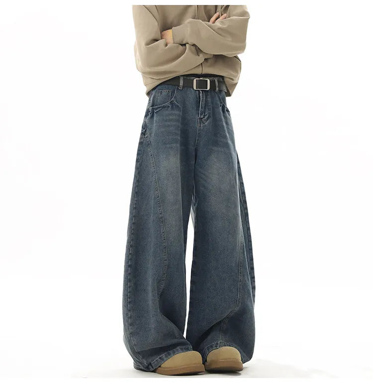 Wide Leg Jeans Men Denim Dark Blue Floor Sweeping Baggy Trousers Street Dance Hip Hop Unisex Urban Fashion Urban Streetwear