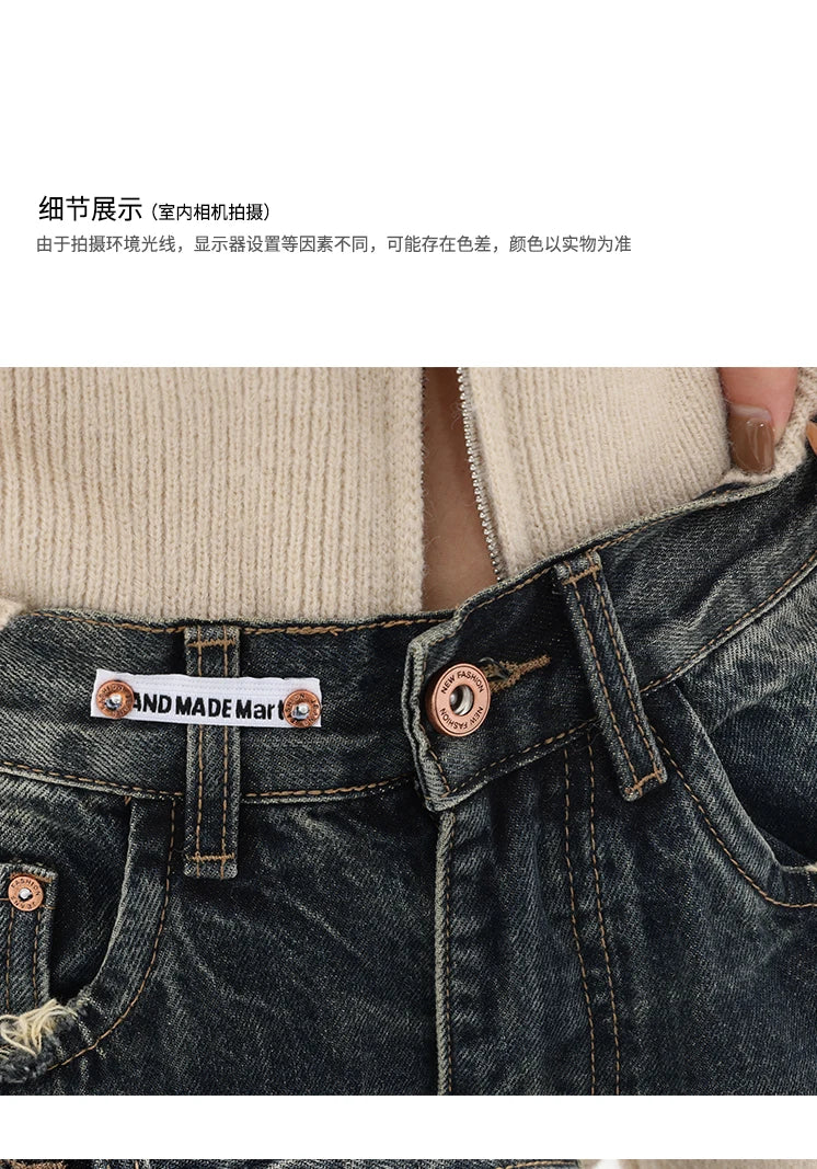 Harajuku Streetwear Retro Fashion Autumn Women High Waist Jeans Loose Wide Leg Straight Loose Denim Trousers Y2K Baggy Pants