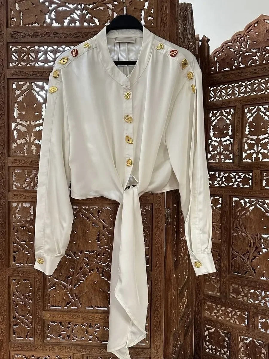 VGH Hot Girl Patchwork Buttons Blouses for Women Stand Collar Split Long Sleeve Spliced Lace Up Hem Vintage Short Top Female New