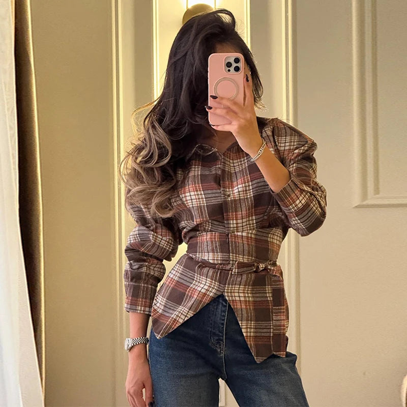 Women Belt Waisted Shirt Vintage Shoulder Pad Long Sleeves Button Up Turn-down Collar Loose Blouse Streetwear Chic Casual Shirts