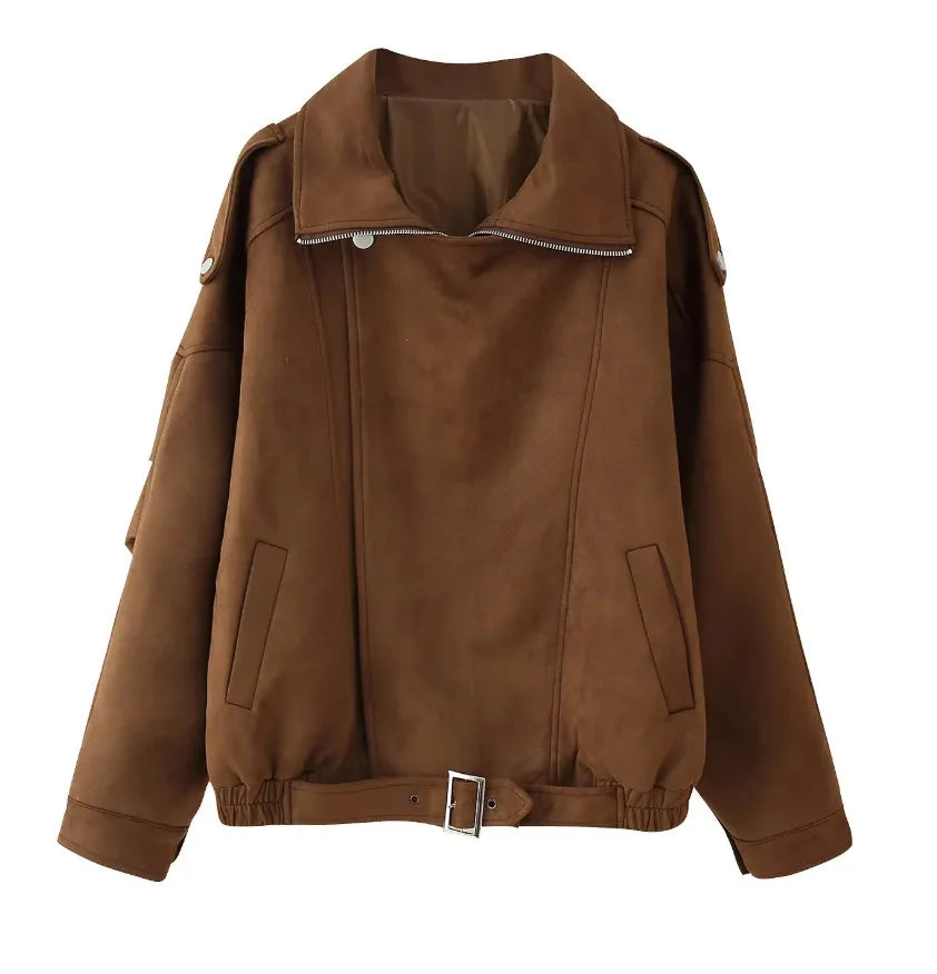 2025 New Autumn Women's Faux Suede Jacket Long Sleeve Lapel Zipper Coat Vintage Brown Outwears Lady Fashion Streetwear