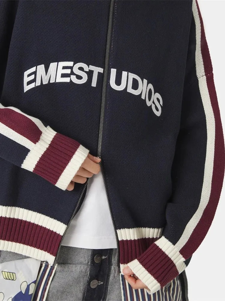 Retro Harajuku Men Spliced Zip up Knit Sweater Cardigan Fashionable Casual Sweater American Y2k Letter Embroidery Clothe Women