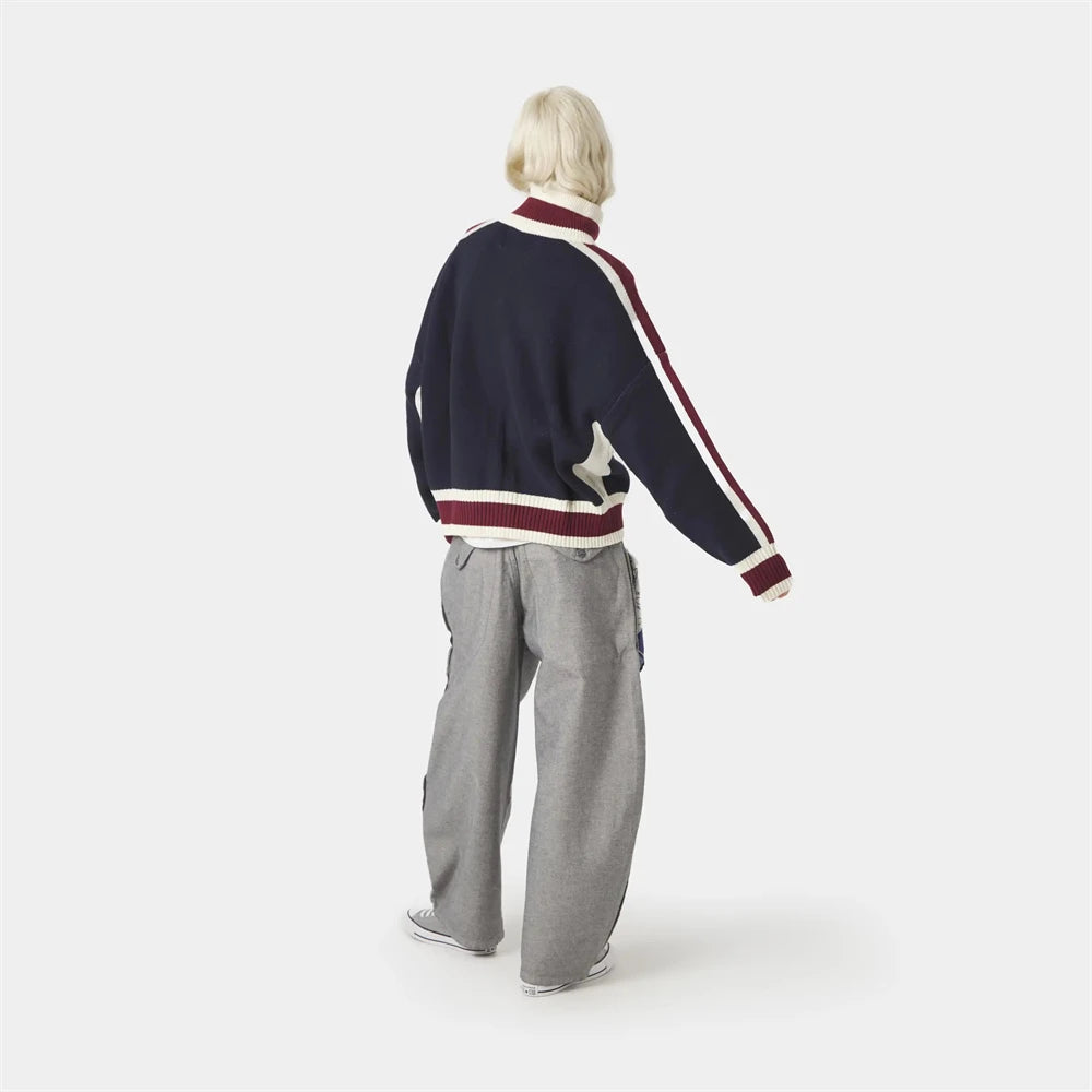 Retro Harajuku Men Spliced Zip up Knit Sweater Cardigan Fashionable Casual Sweater American Y2k Letter Embroidery Clothe Women