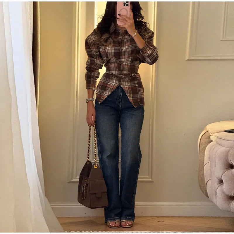 Women Belt Waisted Shirt Vintage Shoulder Pad Long Sleeves Button Up Turn-down Collar Loose Blouse Streetwear Chic Casual Shirts