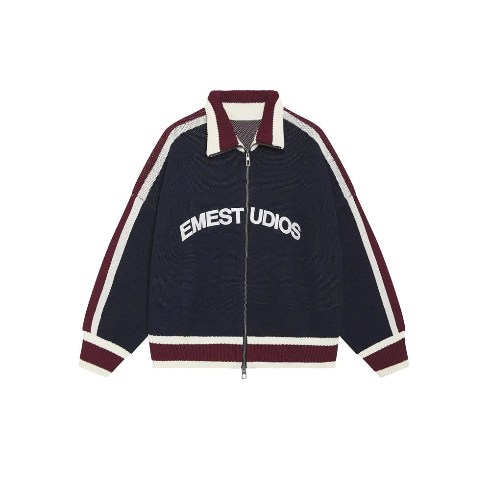 Retro Harajuku Men Spliced Zip up Knit Sweater Cardigan Fashionable Casual Sweater American Y2k Letter Embroidery Clothe Women