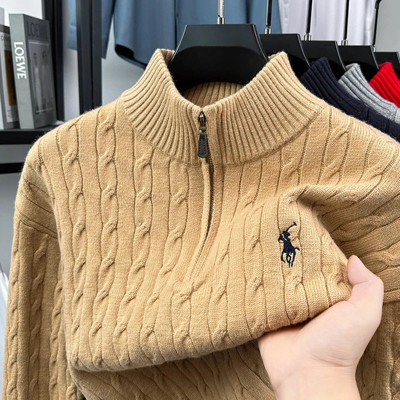 Heshi Brand Fashion American 2025 Vintage Stand Collar Zipper Embroidery Sweater Fried Dough Twists 3D Autumn Winter Knitwear