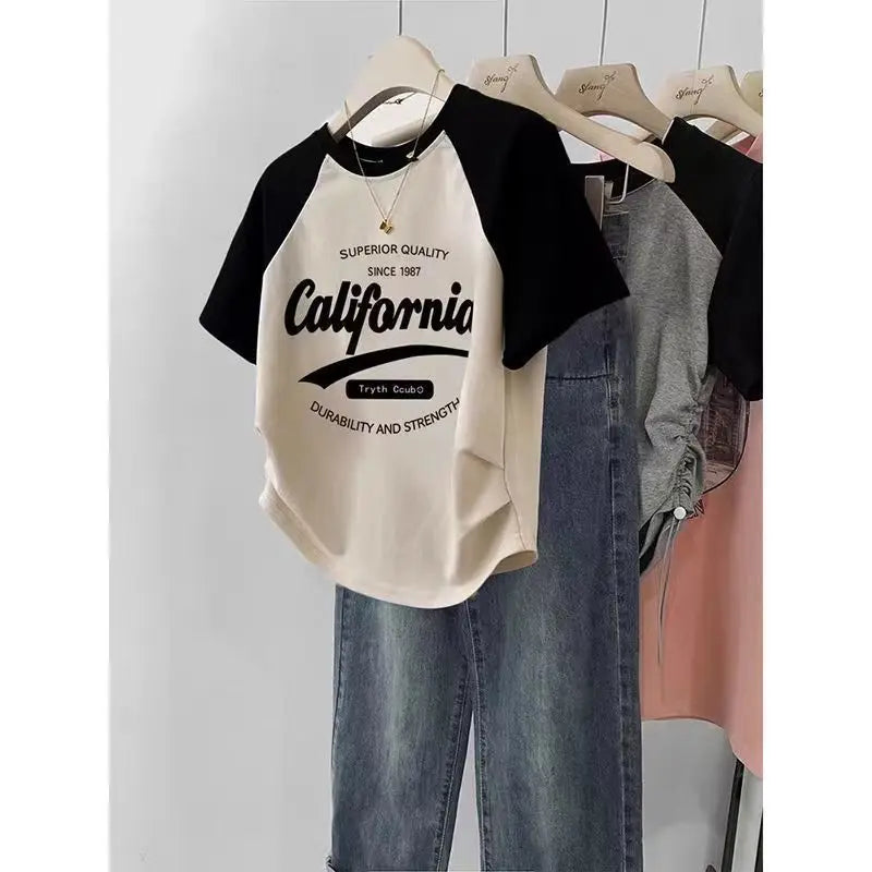 Women's Color Block Vintage T-Shirt - Retro American Streetwear Top