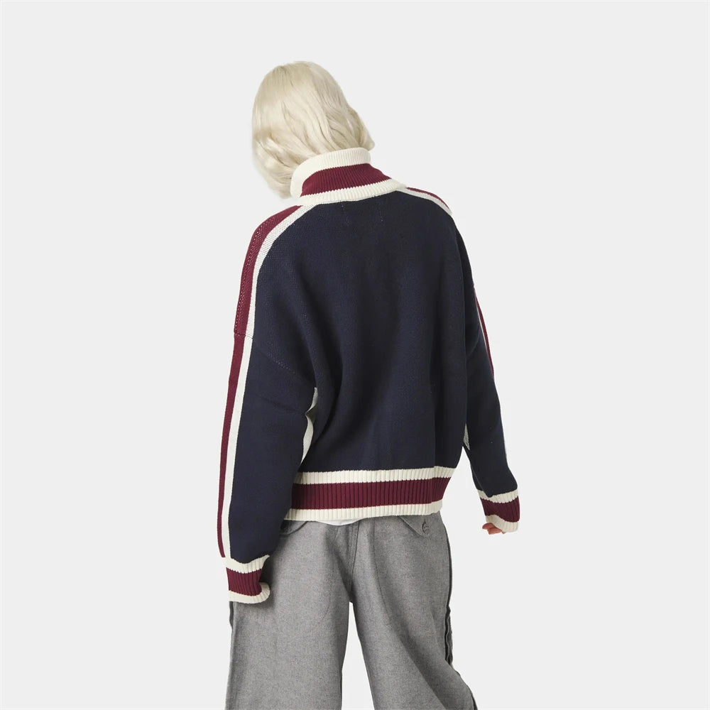 Retro Harajuku Men Spliced Zip up Knit Sweater Cardigan Fashionable Casual Sweater American Y2k Letter Embroidery Clothe Women