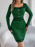VigoCasey 2025 Women Blue Bodycon Knit Dress Autumn Winter Casual Long Sleeve Dress Lady Casual Square Neck Knitted Dresses