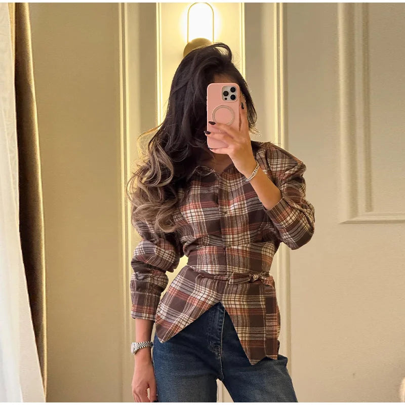 Women Belt Waisted Shirt Vintage Shoulder Pad Long Sleeves Button Up Turn-down Collar Loose Blouse Streetwear Chic Casual Shirts