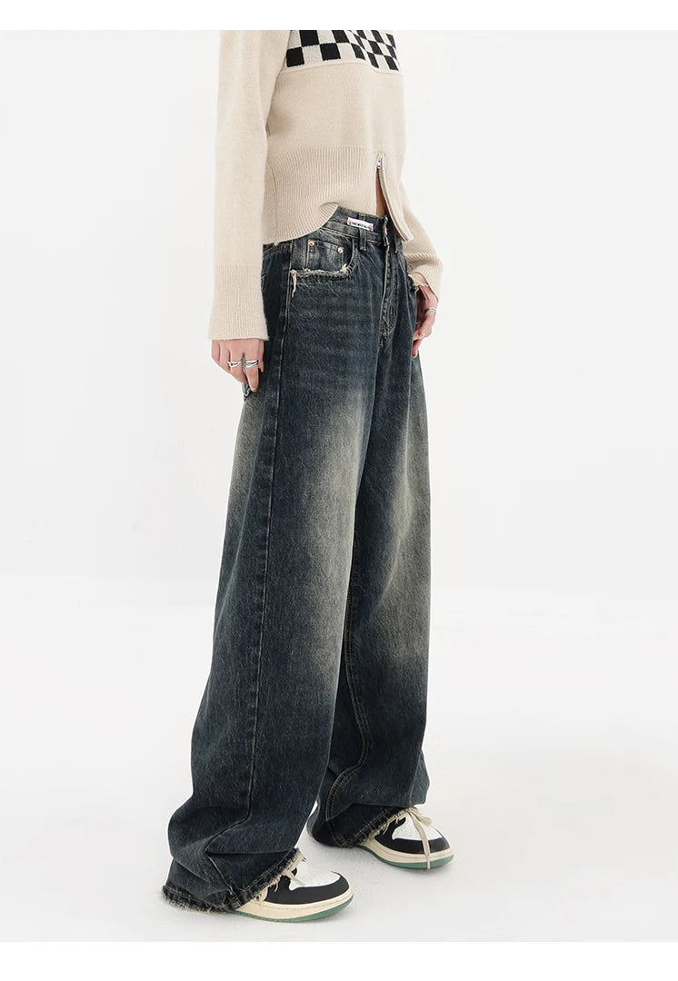 Harajuku Streetwear Retro Fashion Autumn Women High Waist Jeans Loose Wide Leg Straight Loose Denim Trousers Y2K Baggy Pants