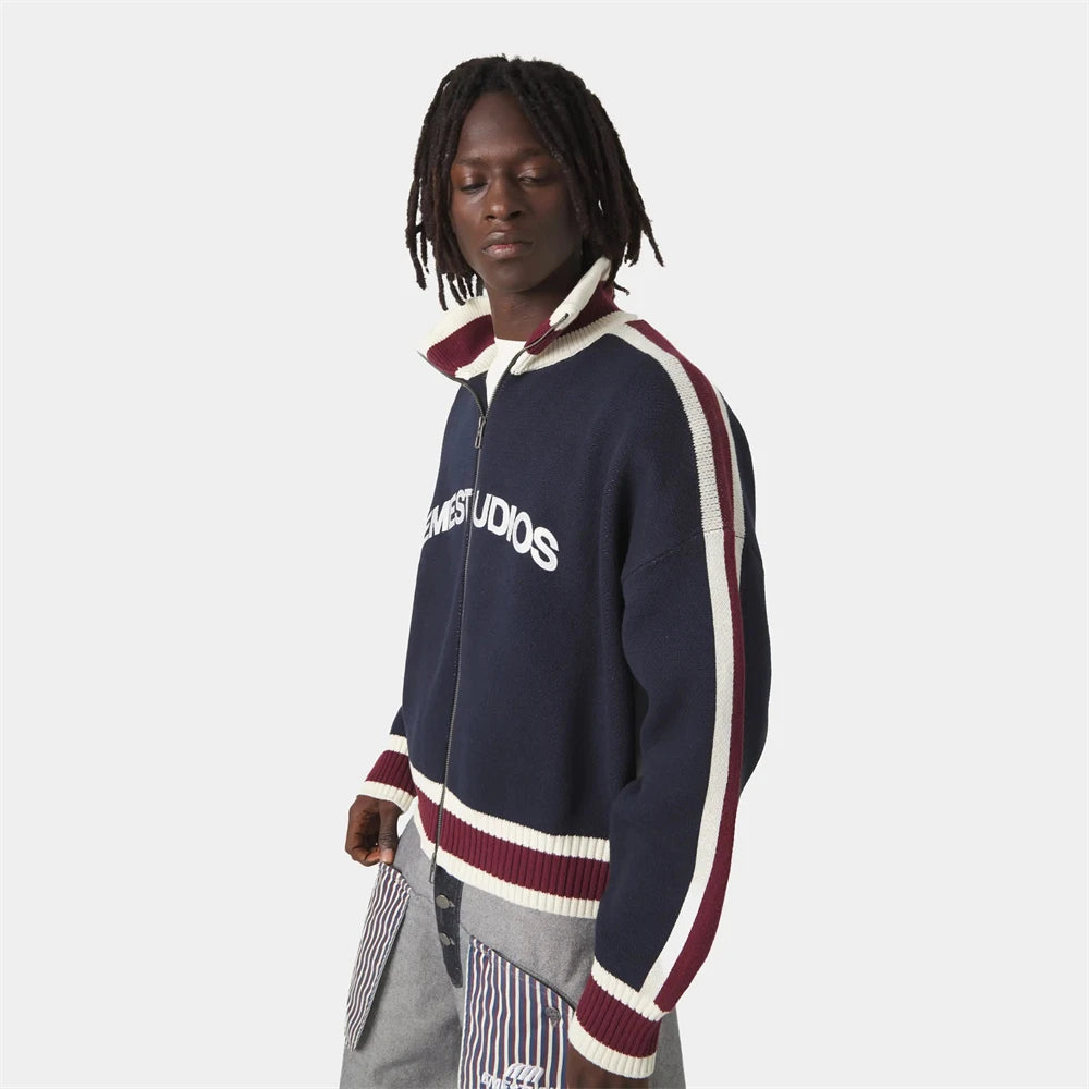 Retro Harajuku Men Spliced Zip up Knit Sweater Cardigan Fashionable Casual Sweater American Y2k Letter Embroidery Clothe Women