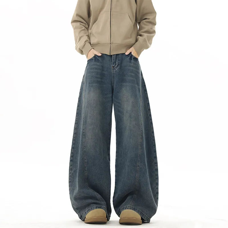 Wide Leg Jeans Men Denim Dark Blue Floor Sweeping Baggy Trousers Street Dance Hip Hop Unisex Urban Fashion Urban Streetwear