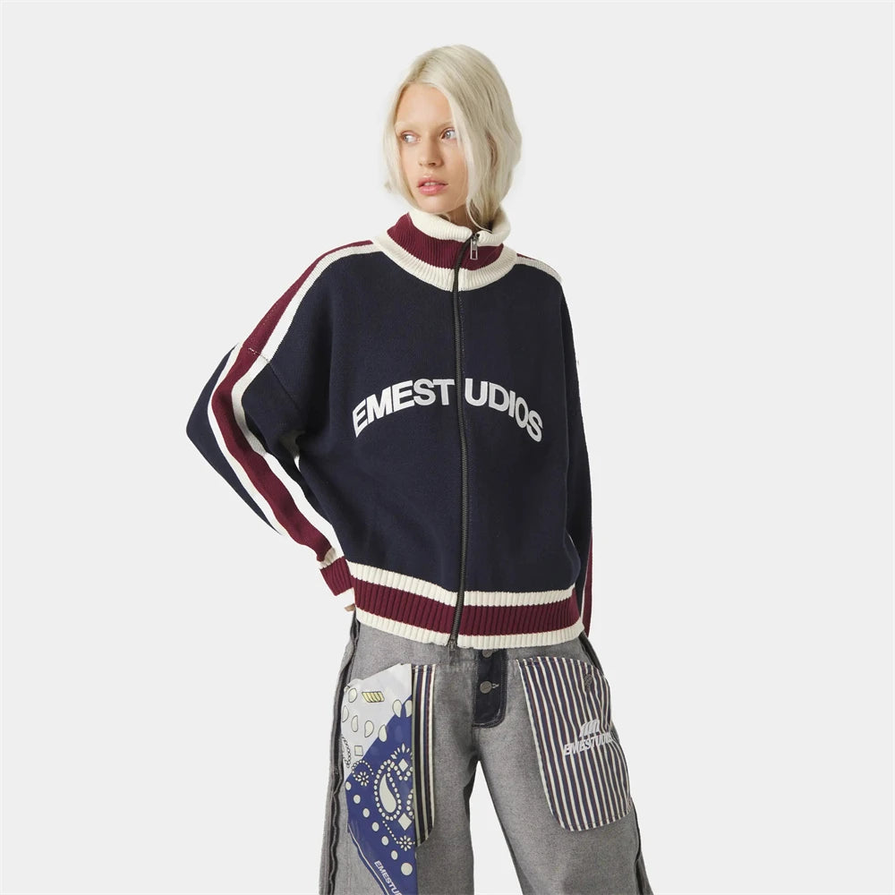 Retro Harajuku Men Spliced Zip up Knit Sweater Cardigan Fashionable Casual Sweater American Y2k Letter Embroidery Clothe Women