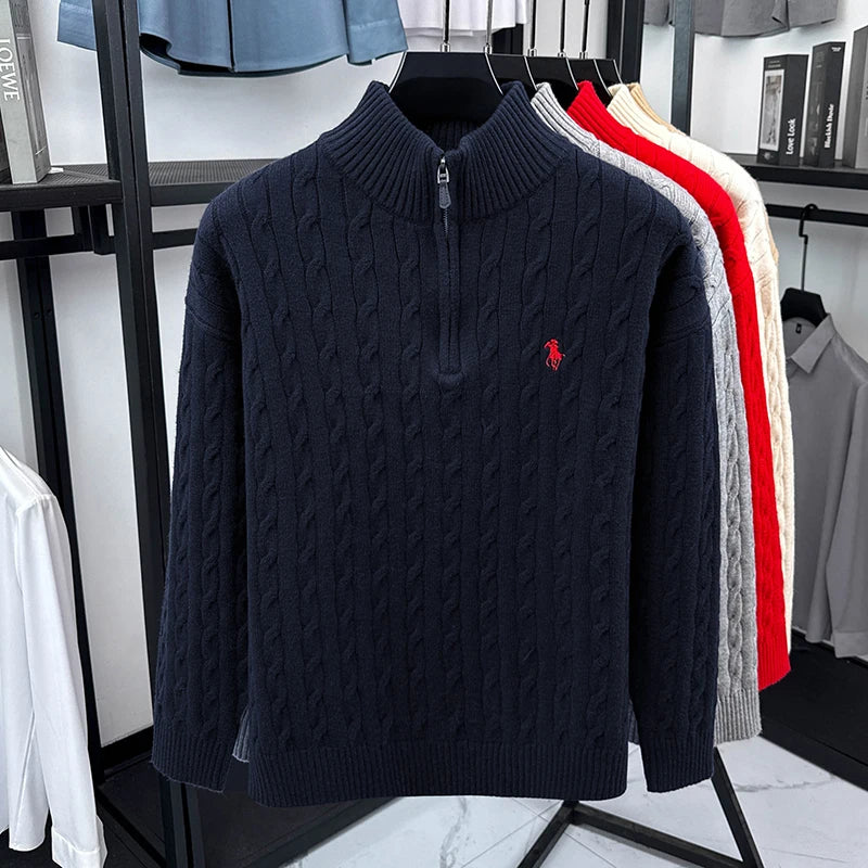 Heshi Brand Fashion American 2025 Vintage Stand Collar Zipper Embroidery Sweater Fried Dough Twists 3D Autumn Winter Knitwear