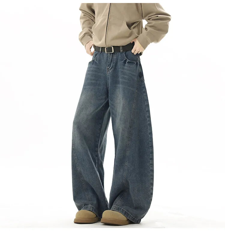 Wide Leg Jeans Men Denim Dark Blue Floor Sweeping Baggy Trousers Street Dance Hip Hop Unisex Urban Fashion Urban Streetwear